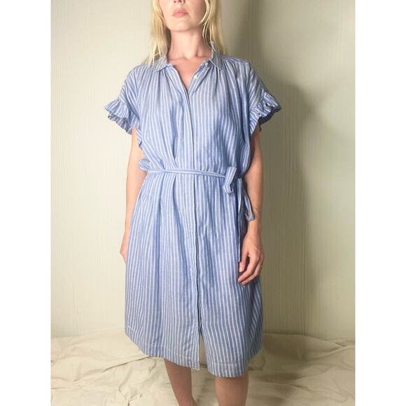ISABELLA SINCLAIR Chambray Pinstripe Flutter Sleeve Mini Cotton Dress US LARGE - Picture 3 of 16